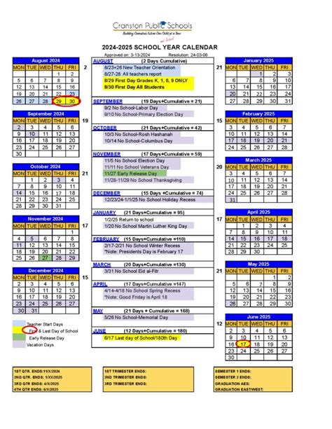 Cranston Public Schools Calendar 2024-2025 in PDF