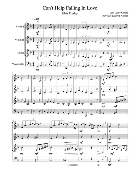 Cant Help Falling In Love Sheet Music For Violin Cello String Quartet