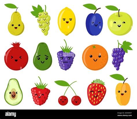 Fruit Cartoon Cute Emoji Set Fun Smile Characters Raspberry Strawberry Blackberry Bramble