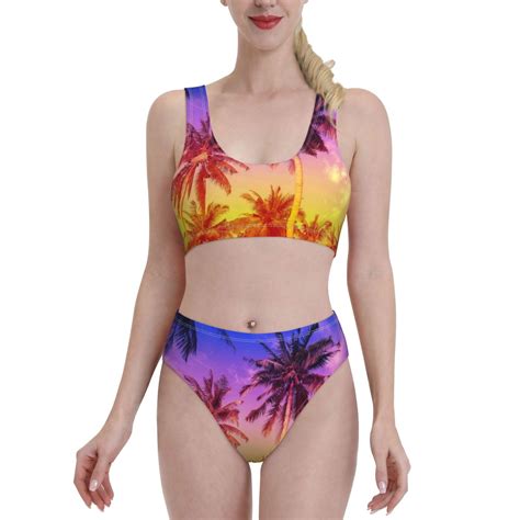 Fotbe Women S Palm Trees At Sunset Print Bikini High Waisted Swimsuit