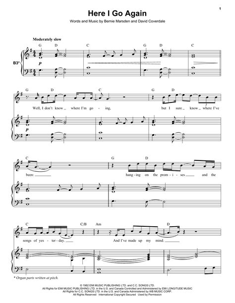 Here I Go Again By Whitesnake Sheet Music For Keyboard Transcription At