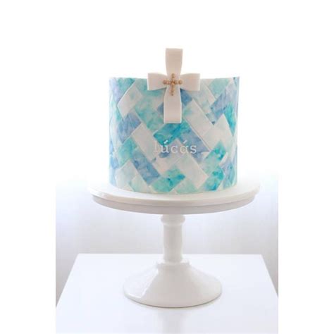 Blue And White Baptism Cake With Cross Decoration