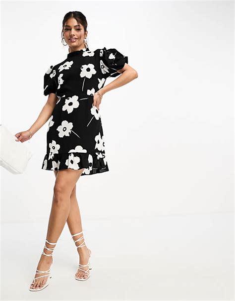 Asos Design Pie Crust Neck Puff Sleeve Mini Tea Dress In Bold Mono