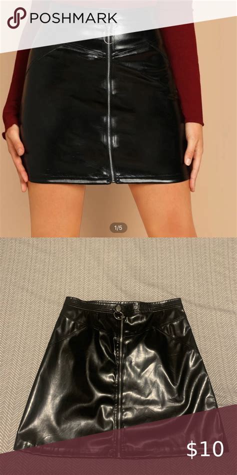 Shein O Ring Zip Front Faux Black Leather Skirt Black Leather Skirts