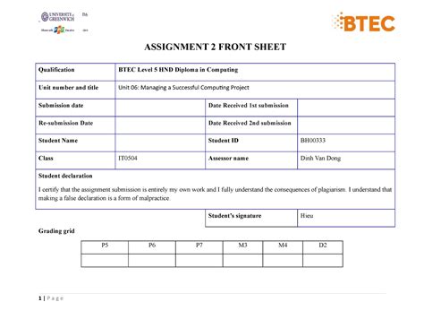 Unit 06 Assignment 2 Frontsheet ASSIGNMENT 2 FRONT SHEET