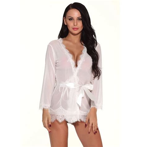 Sexy Lingeire Women Sexy Sheer Lace Lingerie Robe Long Sleeve Nightwear