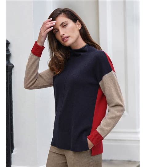 Navy Red Camel Cashmere Color Block Sweater WoolOvers US