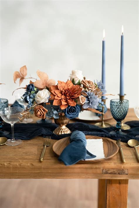 Large Floral Centerpiece Set In Russet Orange Denim Blue Blue