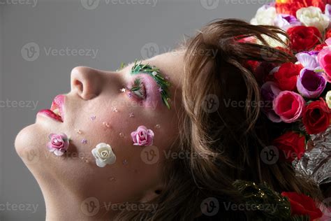 Face In Profile Of A Girl Close Up In Floral Makeup Spring Or Summer