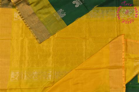 Tvis And Bliss Bottle Green And Yellow Uppada Silk Saree With Silver