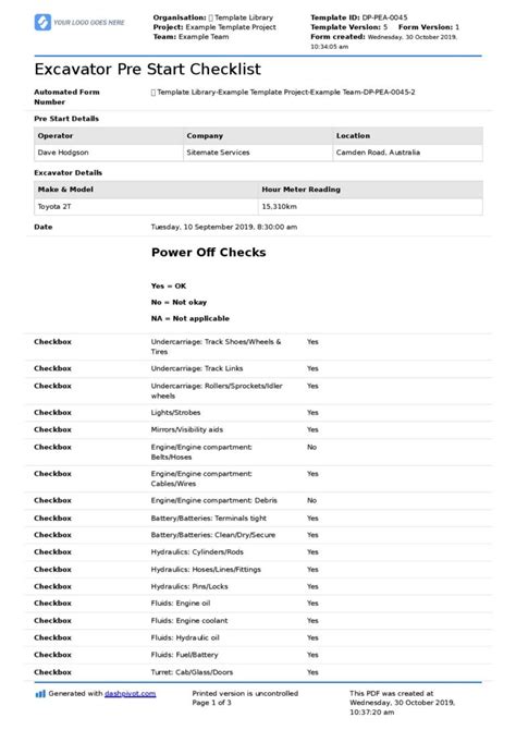 Excavator Pre Start Checklist Free Editable For Any Excavator Hot Sex Picture