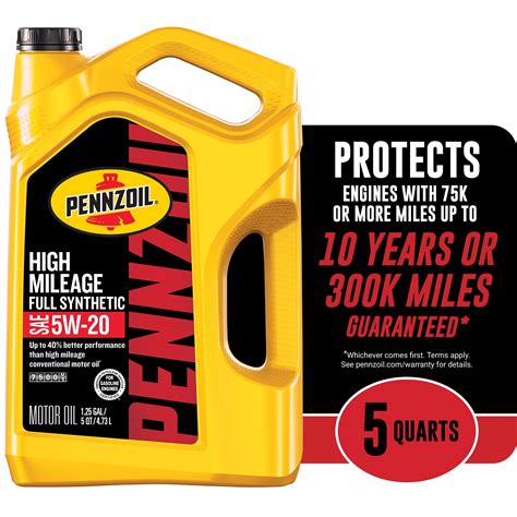 Pennzoil High Mileage Full Synthetic 5w 20 Motor Oil 5 Quart