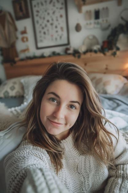 Beautiful Girl Selfie In Cozy Bedroom Premium Ai Generated Image