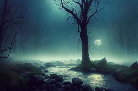 Premium Photo Rain In The Dark Forest River With Stones On The Shore