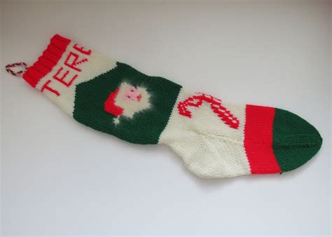 1950s Vintage Personalized Teresa Hand Knit Angora Santa Christmas Stocking Santa Claus Faces