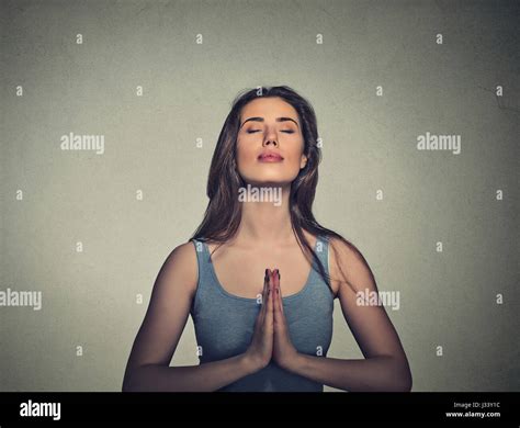 Portrait Beautiful Woman Meditating With Eyes Closed Isolated On Gray