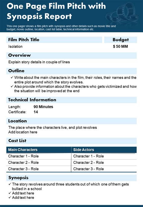 Top 5 One Page Film Pitch Example Templates With Samples