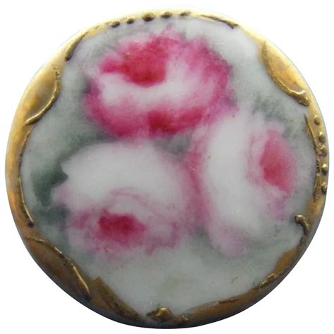 Victorian Collar Button Hand Painted Porcelain Peonies Gold Trim Ruby