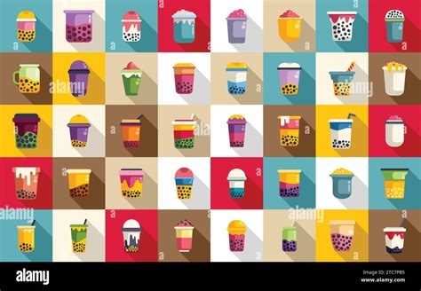 Bubble Tea Icons Set Flat Vector Asian Balls Cups Drink Milk Tea