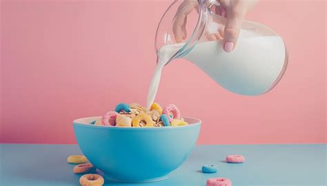 Female Hand Pouring Milk From Pitcher Into Bowl With Colorful Cereal