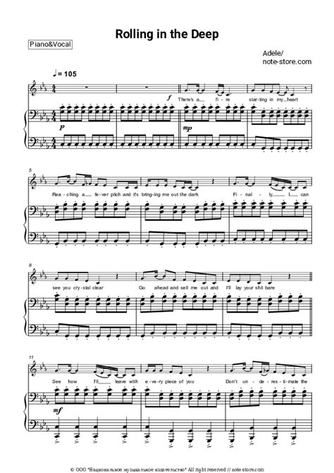 Rolling In The Deep Piano Sheet Music And Voice Adele In Note Pianoandvocal Sku Pvo0004366