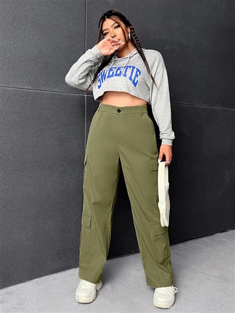 Shein Ezwear Pantalones Cargo De Talle Alto Con Bolsillo Con Solapa