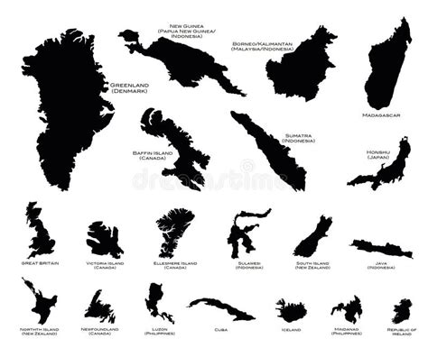 Black Silhouette Maps Of The Twenty Largest Islands In The World Stock