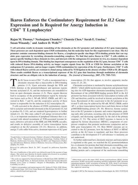 Pdf Ikaros Enforces The Costimulatory Requirement For Il Gene