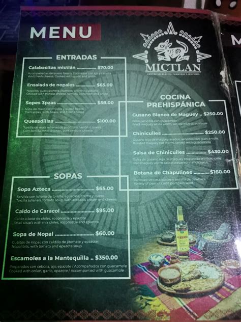 Carta De Mictl N Restaurante Subterr Neo San Juan Teotihuacan De Arista