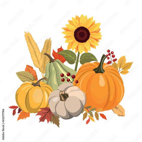 Autumn color pumpkins, sunflower, wheat and forest leaves clipart ...