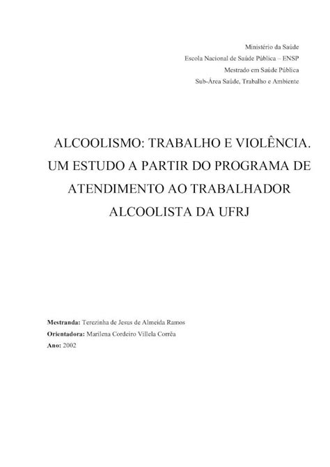 PDF ALCOOLISMO TRABALHO E VIOLÊNCIA UM 3 ministÉrio da saÚde