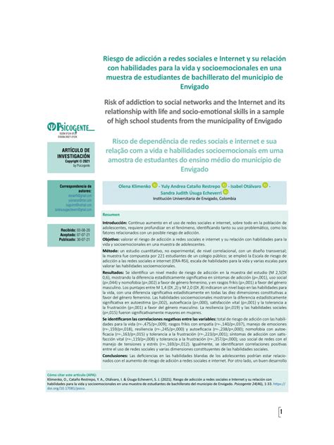 PDF Riesgo de adicción a redes sociales e Internet y su relación con