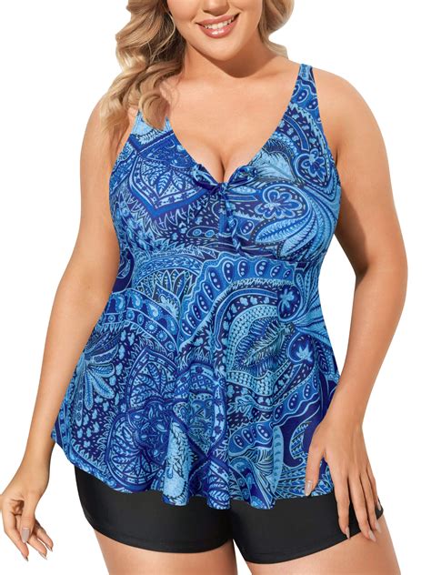 Chama Womens Plus Size Tankini Swimsuits V Neck Flowy Swimwear Two Piece Tummy Control Bathing