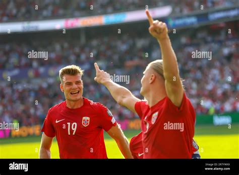 Oslo Norway 17th June 2023 Norway s Alexander Sørloth and Norway s