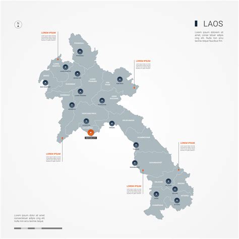 Laos Map Borders Cities Capital Vientiane: стоковая векторная графика
