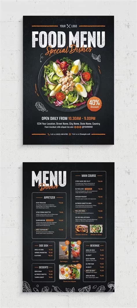 A Restaurant Menu With An Image Of A Salad On The Front And Side In Black