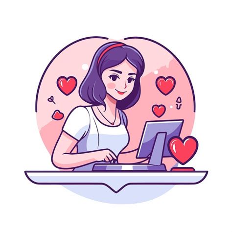 Young Woman Using Computer For Online Dating Vector Illustration In