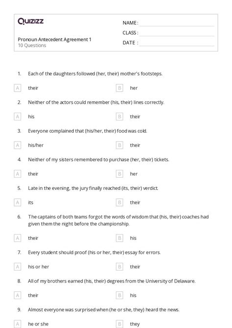 Pronoun Antecedent Agreement Worksheets For Th Grade On Quizizz