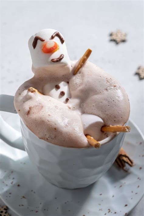 Hot Chocolate With Melted Marshmallow Snowman Stock Photo Image Of Sweet Christmas
