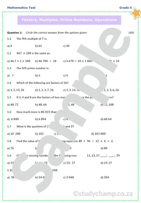 Grade 5 Mathematics Test Factors Multiples And Operations