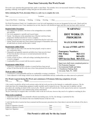 Fillable Online Ehs Psu Hot Work Permit Penn State University