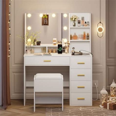 Llbiulife Vanity Set With Mirror And Lights Vanity Desk With Charging Station And Cushioned Stool