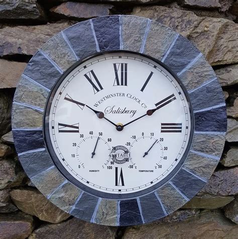 14 Inch Faux Slate Outdoor Pool Wall Clock With Thermometer And