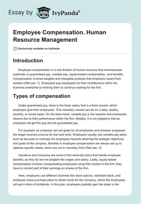 Employee Compensation Human Resource Management 1430 Words Report Example