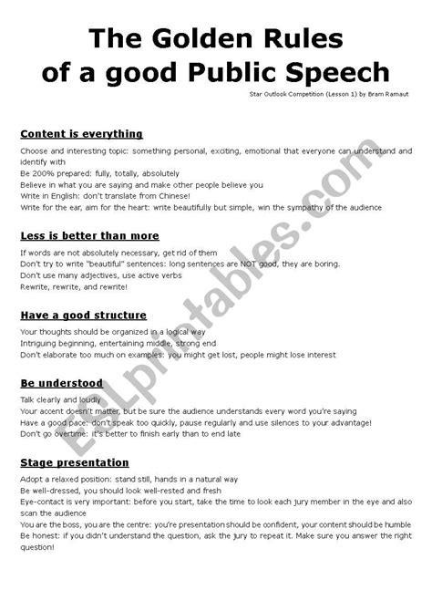 Public Speaking The Golden Rules Esl Worksheet By Leming