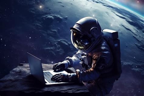 Premium Ai Image Astronaut Working On Laptop In Outer Space Ai