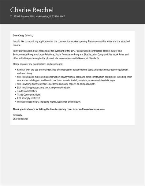 Construction Worker Cover Letter Velvet Jobs