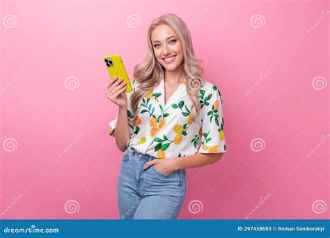 Portrait Of Intelligent Woman With Curly Hairdo Wear Stylish Shirt Hold