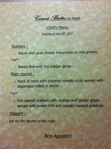 Menu at Corner Bistro & Bakery, Gilmer