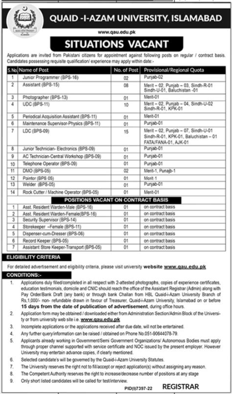 Quaid E Azam University Islamabad Jobs 2023 Application Form